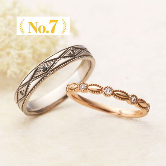 〈BONNE QUALITE〉Gold & Platinum Wedding Rings – Diamond & Black Diamond with Milgrain Detail