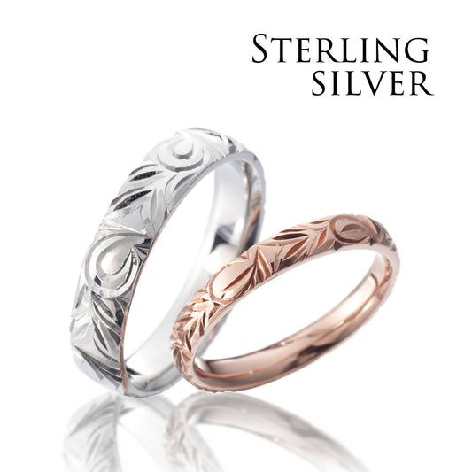 Hawaiian gold wedding band with  TOROPICAL_SCROLL engraving finish.