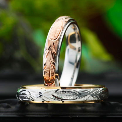 "Hawaiian wedding ring （wedding band,marriage ring）from the Aglobe japan's HEART ISLAND collection.
Combination marriage ring（wedding ring,wedding band） in K18 White Gold and K18 pink gold（rose gold,K18 Yellow Gold）.
Combination wedding ring （wedding band,marriage ring） with unique texture.
Hawaiian gold wedding band with KALEIKIMI SCROLL engraving and vintage finish."