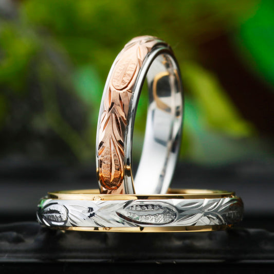 "Hawaiian wedding ring （wedding band,marriage ring）from the Aglobe japan's HEART ISLAND collection.
Combination marriage ring（wedding ring,wedding band） in K18 White Gold and K18 pink gold（rose gold,K18 Yellow Gold）.
Combination wedding ring （wedding band,marriage ring） with unique texture.
Hawaiian gold wedding band with KALEIKIMI SCROLL engraving and vintage finish."