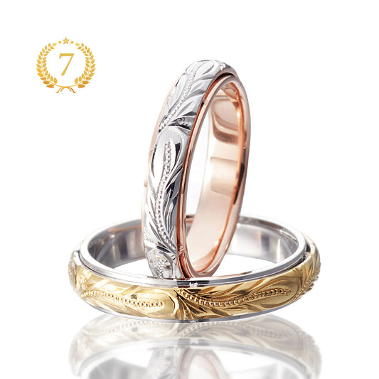 Hawaiian gold wedding band with HERITAGE engraving finish.