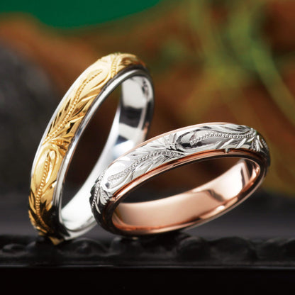 "Hawaiian wedding ring （wedding band,marriage ring）from the Aglobe japan's HEART ISLAND collection.
Combination marriage ring（wedding ring,wedding band） in K18 White Gold and K18 pink gold（rose gold,K18 Yellow Gold）.
Combination wedding ring （wedding band,marriage ring） with unique texture.
Hawaiian gold wedding band with HERITAGE SCROLL engraving and vintage finish."