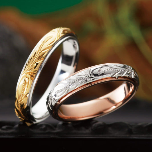 "Hawaiian wedding ring （wedding band,marriage ring）from the Aglobe japan's HEART ISLAND collection.
Combination marriage ring（wedding ring,wedding band） in K18 White Gold and K18 pink gold（rose gold,K18 Yellow Gold）.
Combination wedding ring （wedding band,marriage ring） with unique texture.
Hawaiian gold wedding band with HERITAGE SCROLL engraving and vintage finish."