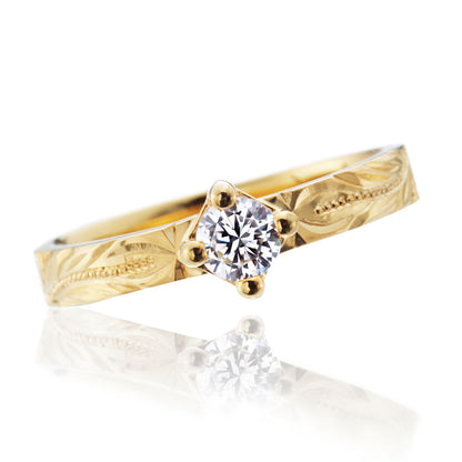 "AGLOBE JAPAN's HEART ISLAND bridal ring with lab-grown diamond in Straight design.
K18 pink gold（rose gold） engagement ring with Hawaiian and unique texture.
Hawaiian gold wedding band with HERITAGE engraving and vintage finish."