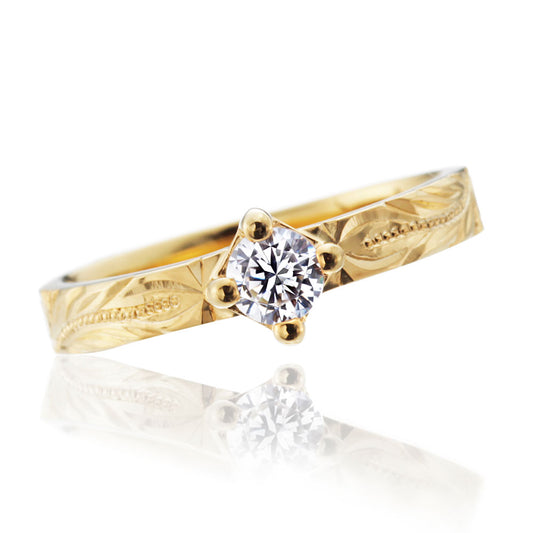 "AGLOBE JAPAN's HEART ISLAND bridal ring with lab-grown diamond in Straight design.
K18 pink gold（rose gold） engagement ring with Hawaiian and unique texture.
Hawaiian gold wedding band with HERITAGE engraving and vintage finish."