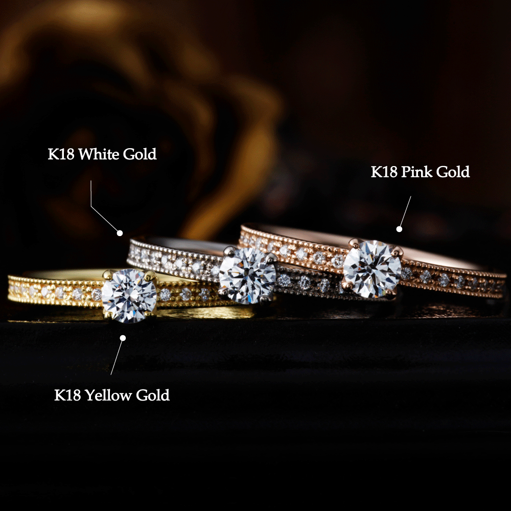 "AGLOBE JAPAN's cherluv bridal ring with lab-grown diamond in Straight design.
K18 pink gold（rose gold）,K18 Yellow Gold and K18 White Gold engagement ring with antique and European texture.
Straight type Milled rings."