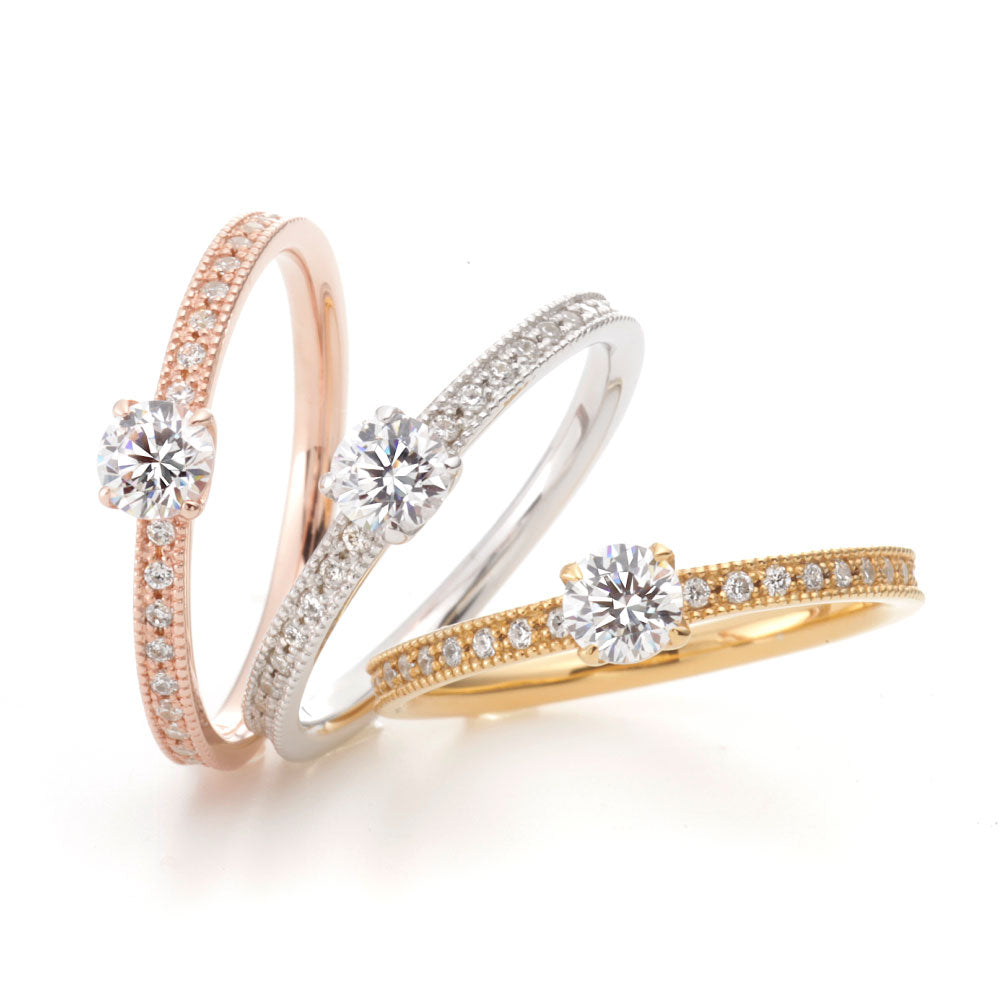 "AGLOBE JAPAN's cherluv bridal ring with lab-grown diamond in Straight design.
K18 pink gold（rose gold）,K18 Yellow Gold and K18 White Gold engagement ring with antique and European texture.
Straight type Milled rings."
