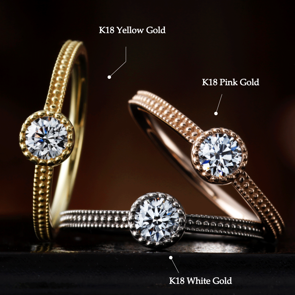 "AGLOBE JAPAN's cherluv bridal ring with lab-grown diamond in Straight design.
K18 pink gold（rose gold）,K18 Yellow Gold and K18 White Gold engagement ring with antique and European texture.
Straight type Milled rings."