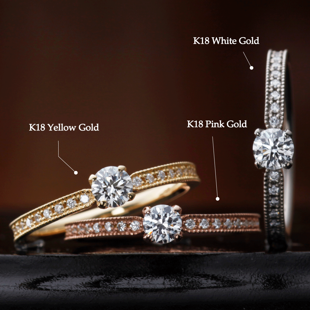 "AGLOBE JAPAN's cherluv bridal ring with lab-grown diamond in Straight design.
K18 pink gold（rose gold）,K18 Yellow Gold and K18 White Gold engagement ring with antique and European texture.
Straight type Milled rings."