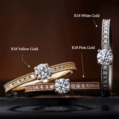 "AGLOBE JAPAN's cherluv bridal ring with lab-grown diamond in Straight design.
K18 pink gold（rose gold）,K18 Yellow Gold and K18 White Gold engagement ring with antique and European texture.
Straight type Milled rings."