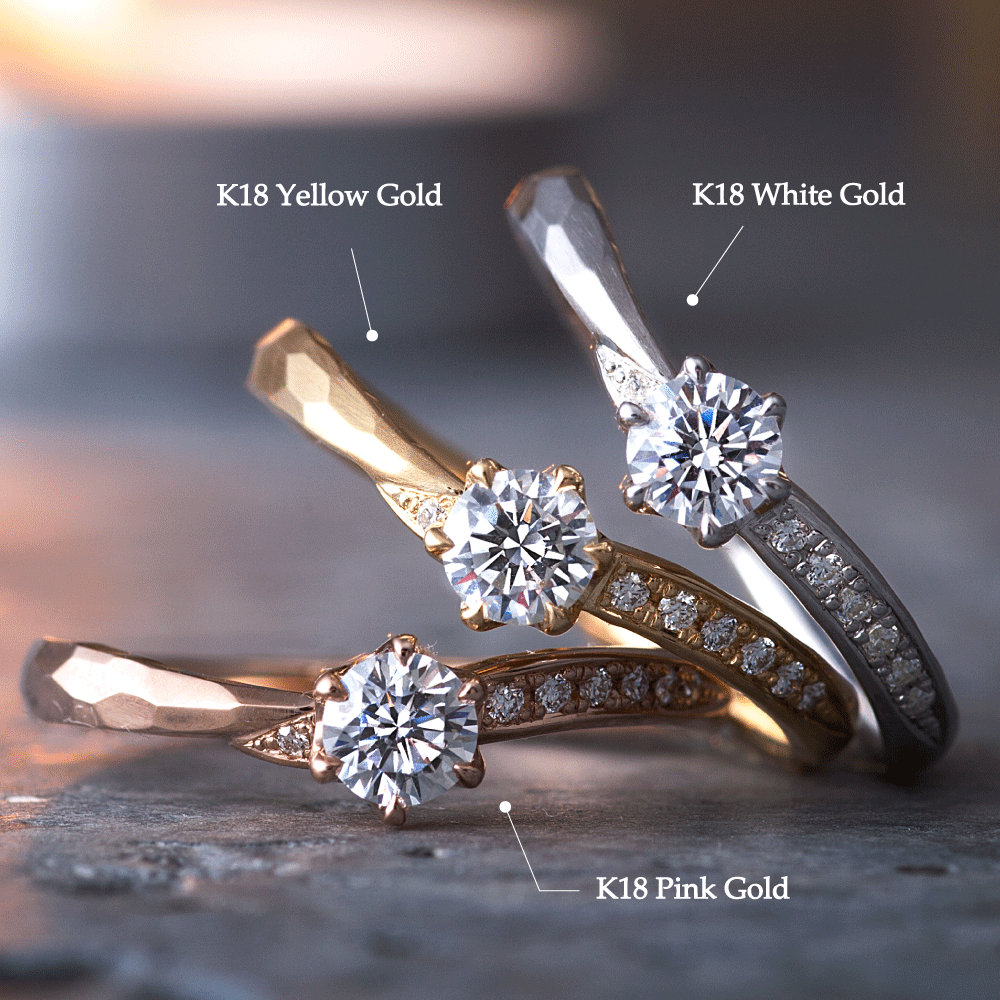 "AGLOBE JAPAN's neuspur bridal ring with lab-grown diamond in Wave design.
K18 White Gold , K18 pink gold（rose gold）and K18 Yellow Gold engagement ring with casual and unique texture.
Shape processing is applied to the ring surface.
"