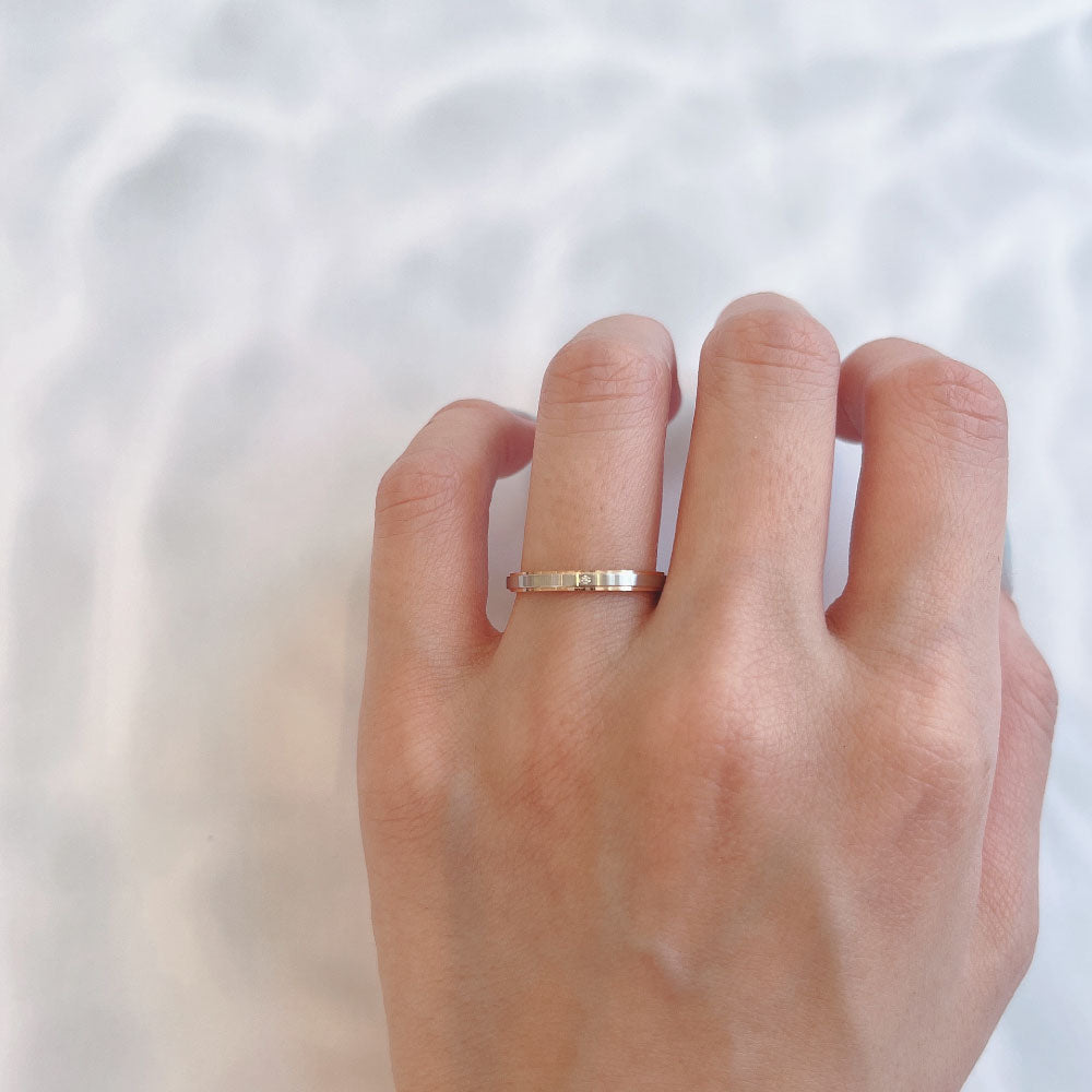 Wedding band （wedding ring）worn on hand in posed still image for styling display