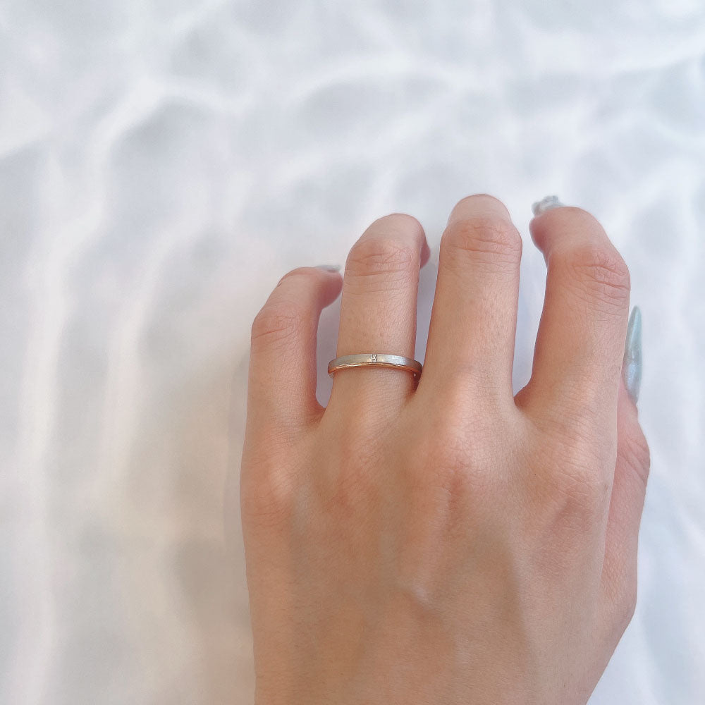 Wedding band （wedding ring）worn on hand in posed still image for styling display