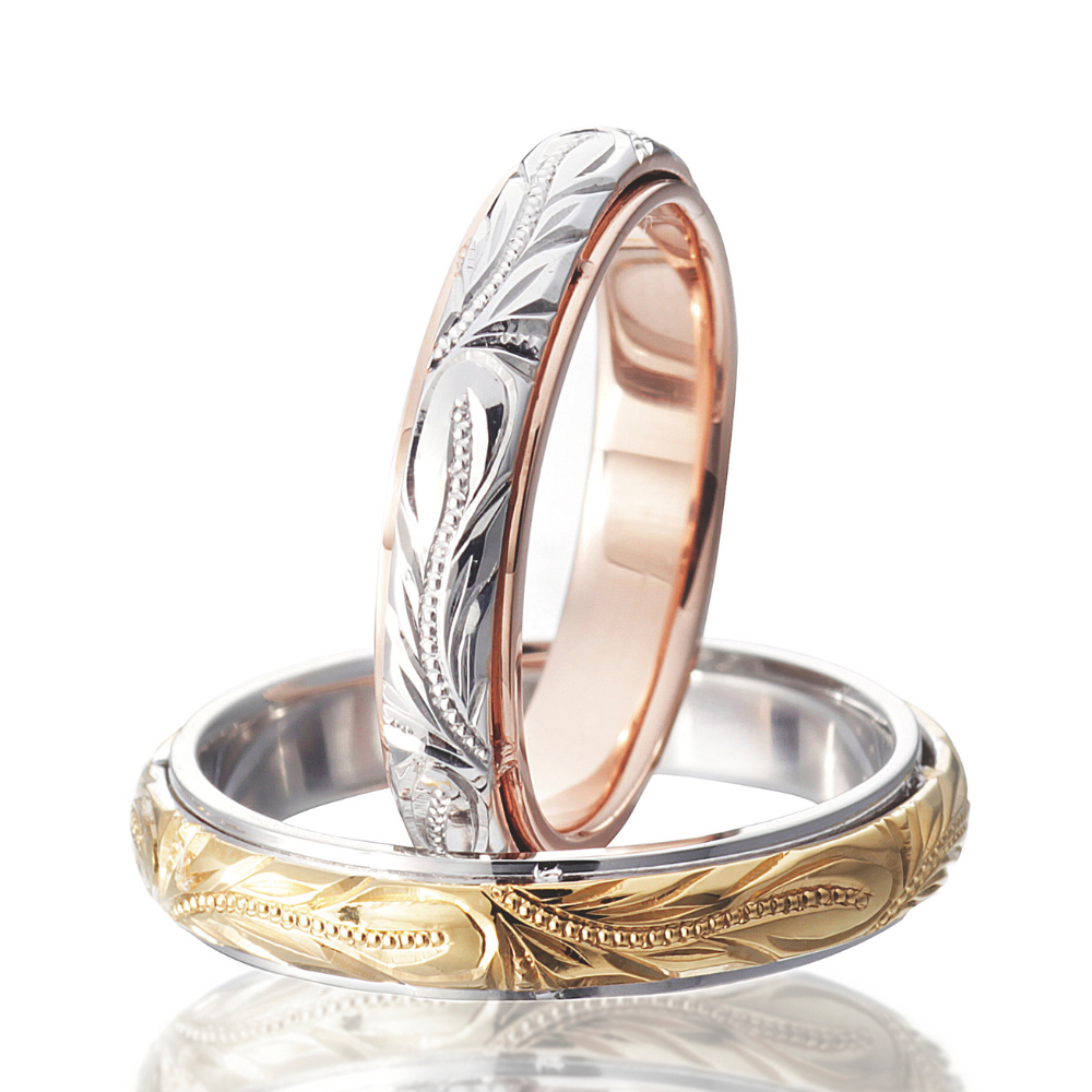 Hawaiian gold wedding band with HERITAGE engraving finish.