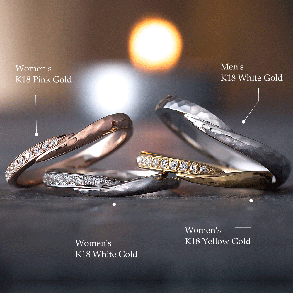 "AGLOBE JAPAN's neuspur bridal ring with lab-grown diamond in Wave design.
K18 White Gold , K18 pink gold（rose gold）and K18 Yellow Gold engagement ring with casual and unique texture.
Shape processing is applied to the ring surface.
"