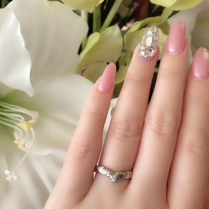 Wedding band （wedding ring）worn on hand in posed still image for styling display