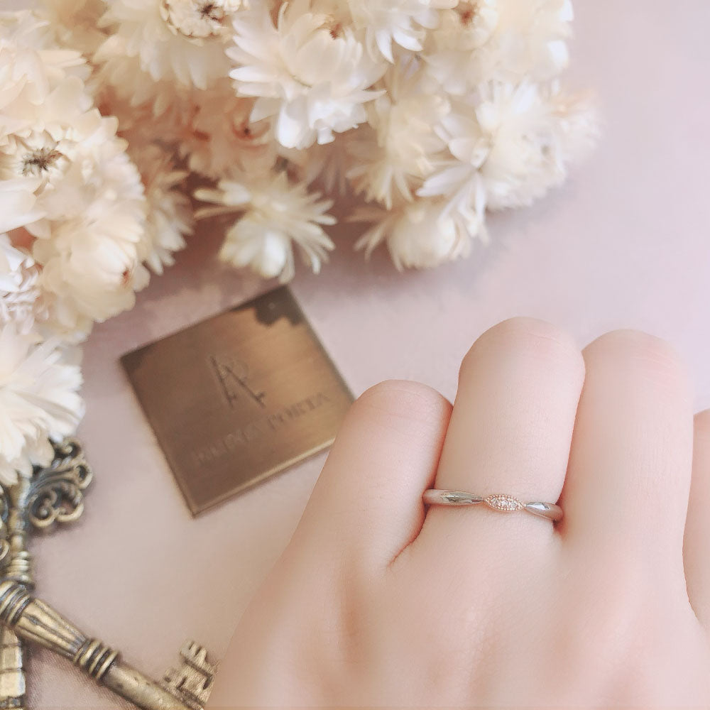 Wedding band （wedding ring）worn on hand in posed still image for styling display