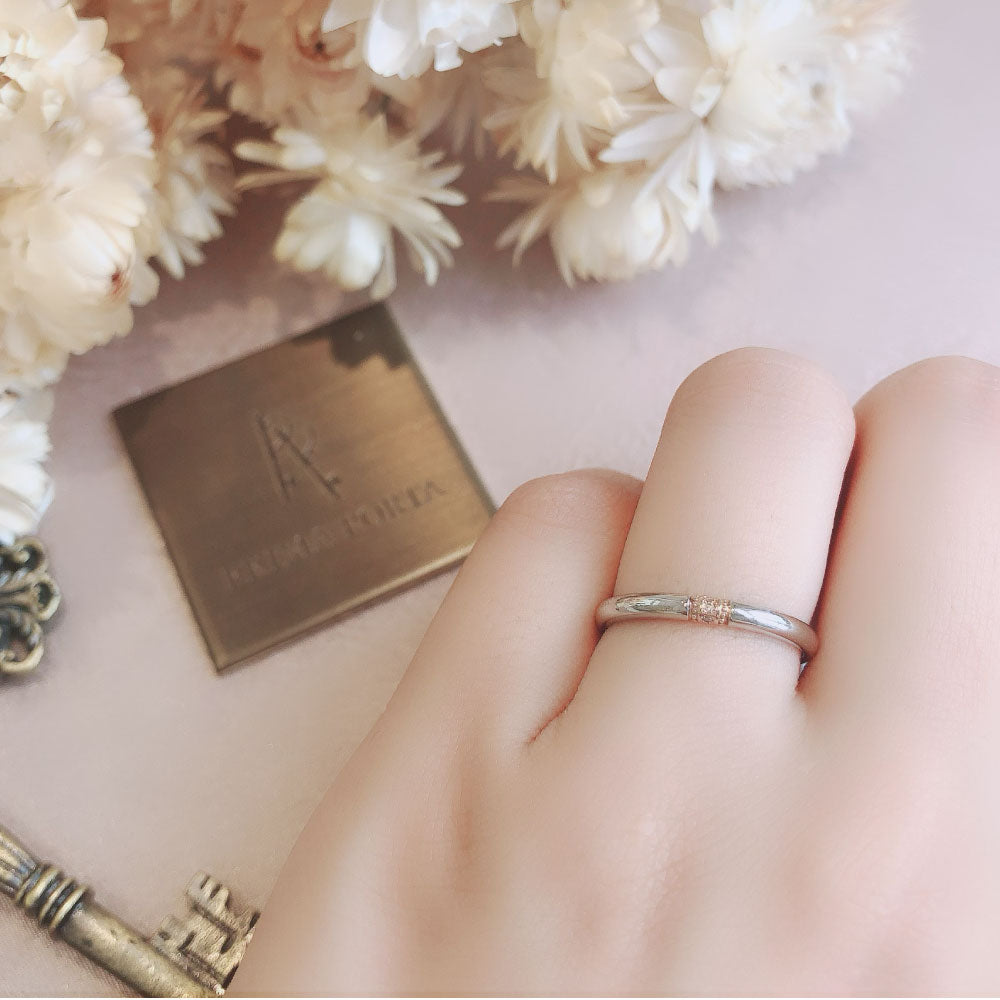 Wedding band （wedding ring）worn on hand in posed still image for styling display